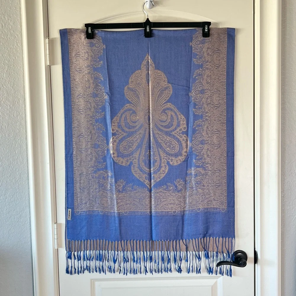 Vintage Blue Gold Paisley Pashmina Wrap Scarf Jacquard Shawl Fall Travel